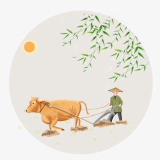 古风春意圆形框人物放牛元素组合免抠素材