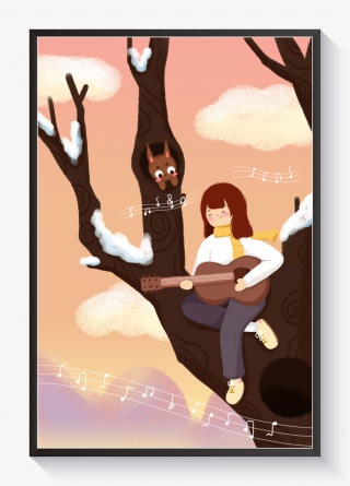 你好一月女孩坐树上弹吉他黄色小清新插画