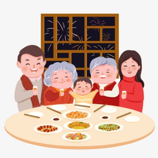 手绘卡通春节家人团圆聚餐烟花美食元素