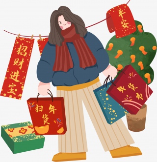 年货节过年啦春节买年货手绘插画