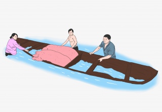 抗洪救灾农民用船运猪插画