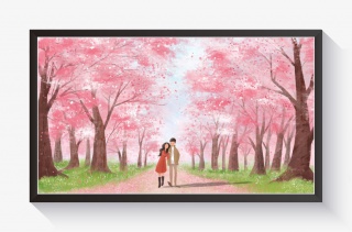 情侣一起欣赏 樱花浪漫治愈系手绘横图