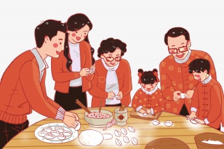 包饺子的一家人