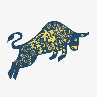 2021新年蓝色剪纸风格牛福牛