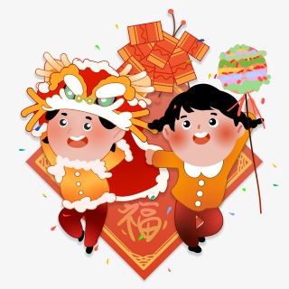新年春节习俗舞狮子鞭炮福可爱扁平装饰