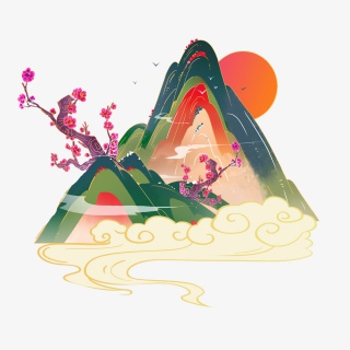 国潮中国风山脉装饰背景祥云梅花树树枝