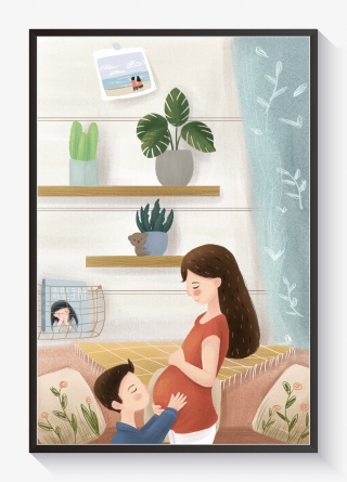 母婴主题孕妇爸爸家庭手绘风格