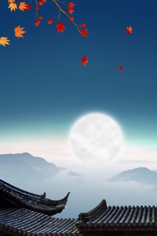 创意合成中秋节团圆古建筑背景海
