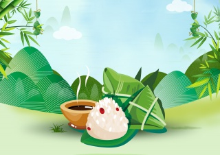 清新手绘蓝天白云食品茶饮粽子端午海报背景