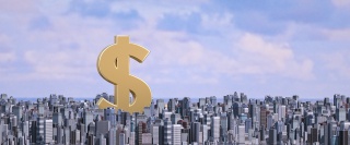 C4D金融主题建筑群金币场景电商海报背景